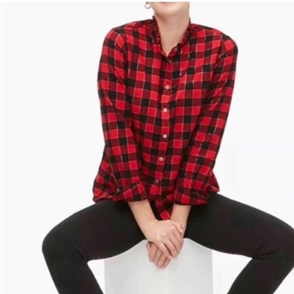 J.Crew women’s red and black, metallic thread, checker plaid Blouse size XL